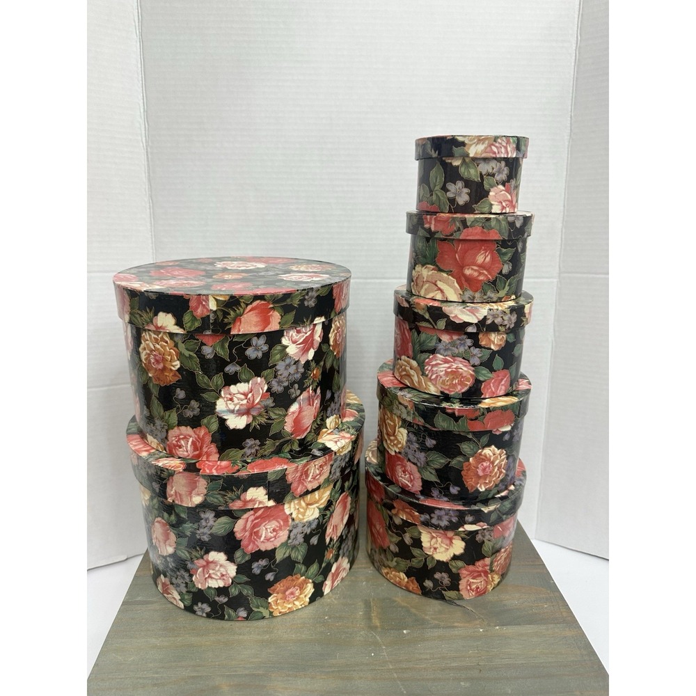Set 7 Nesting Boxes with Lids Vintage Victorian Red & Pink Roses Floral Keepsake